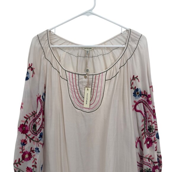 Max Studio Womens Embroidered Sleeve Boho Peasant Blouse SZ S 100% Rayon Beige - Picture 2 of 11